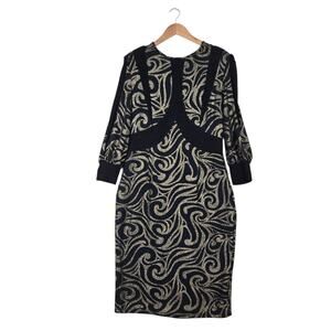 Kayla by Tally Taylor Sheath Midi Dress sz 14 Black Metallic Gold Stretch Fitted